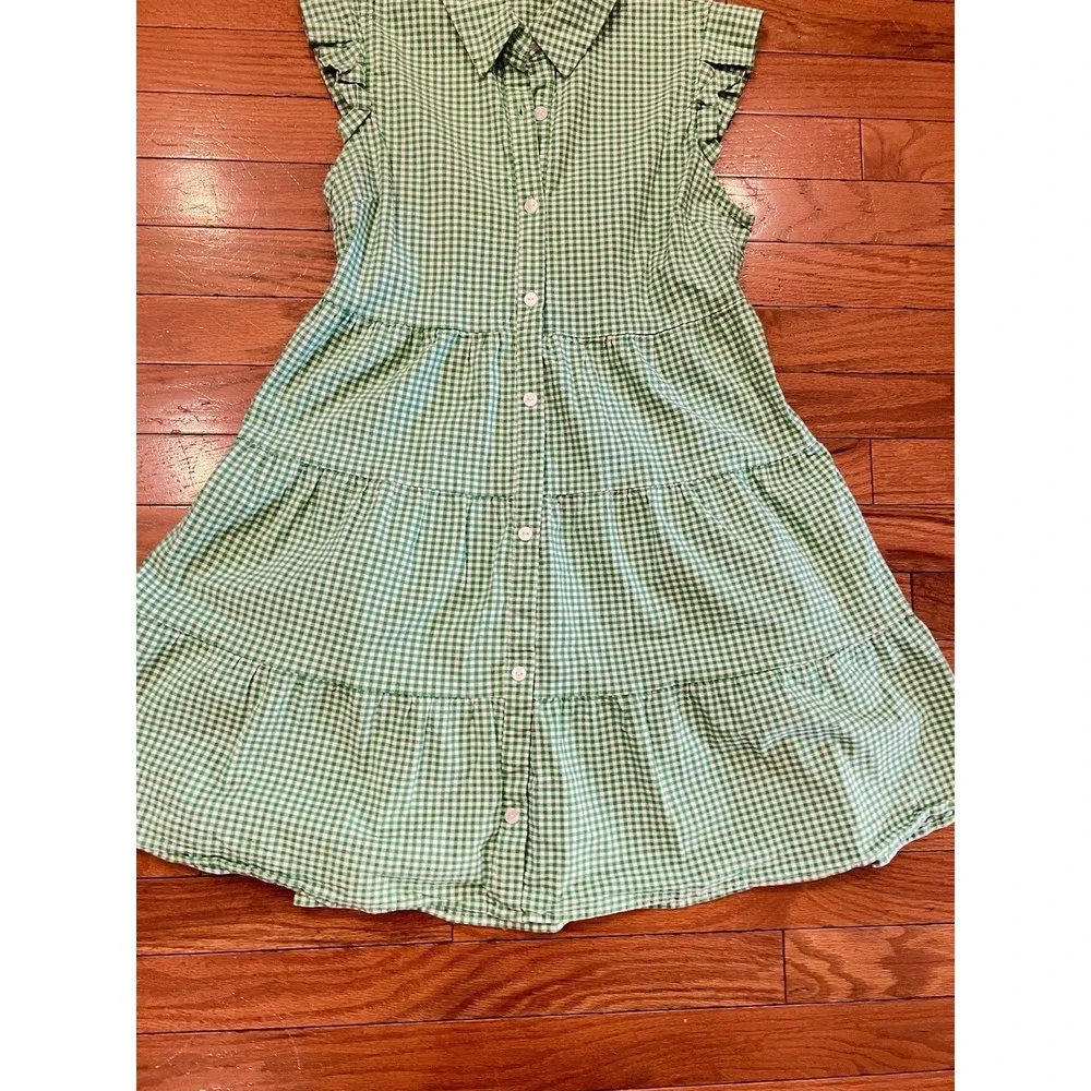 Monteau Los Angeles Girls Large Green Gingham Tiered Button Front Dress L